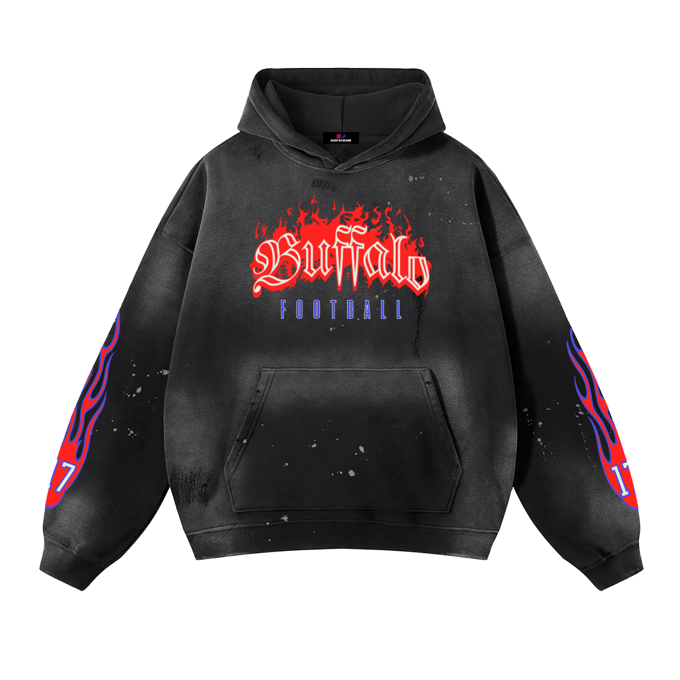 Buffalo Football Flames - Vintage Washed Frayed Fleece Hoodie
