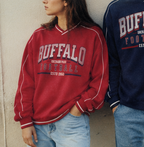 Retro V Neck Piped Buffalo Sweatshirt RED