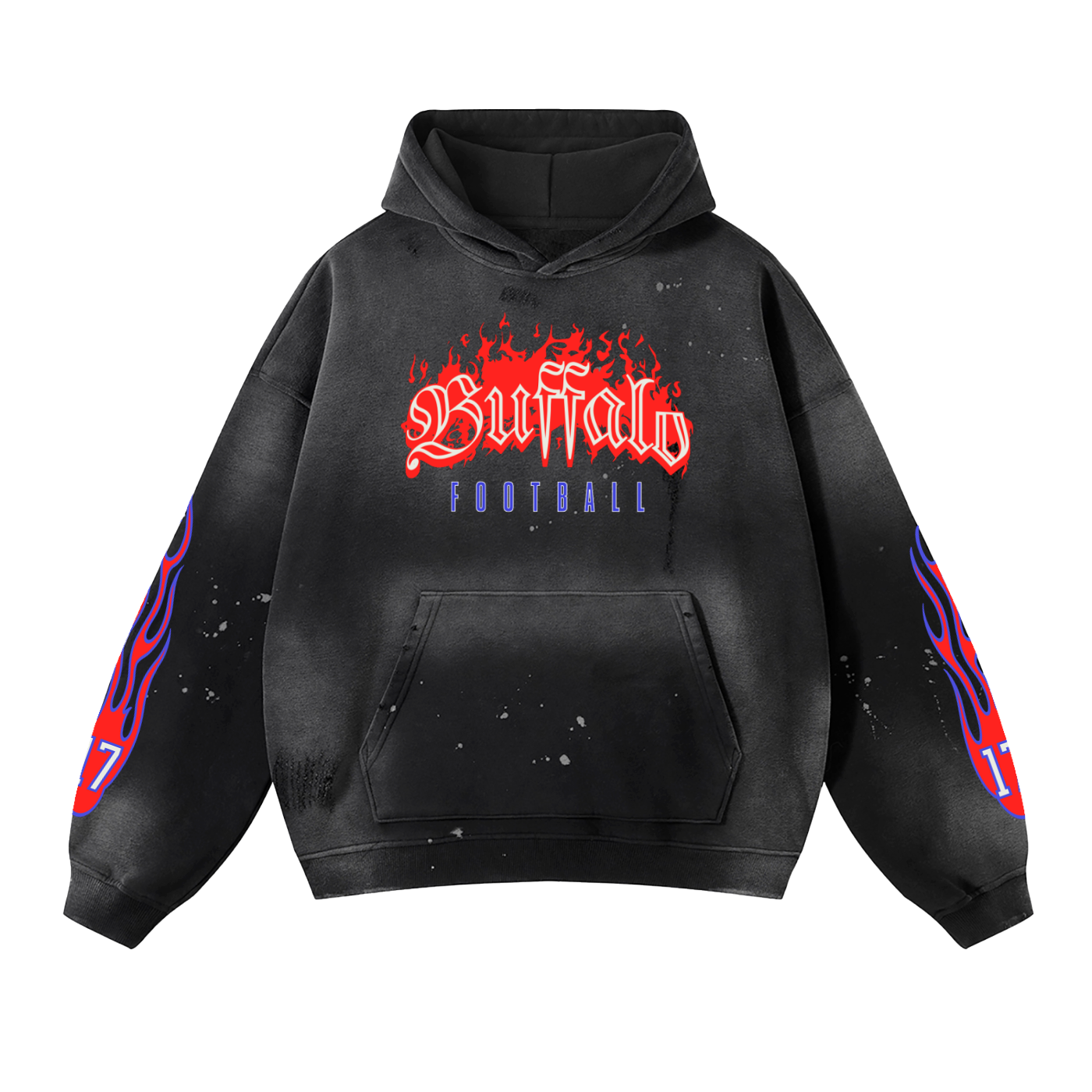 Buffalo Football Flames - Vintage Washed Frayed Fleece Hoodie