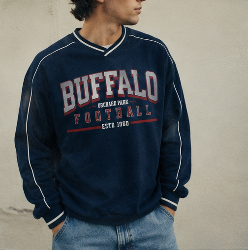 Retro V Neck Piped Buffalo Sweatshirt NAVY