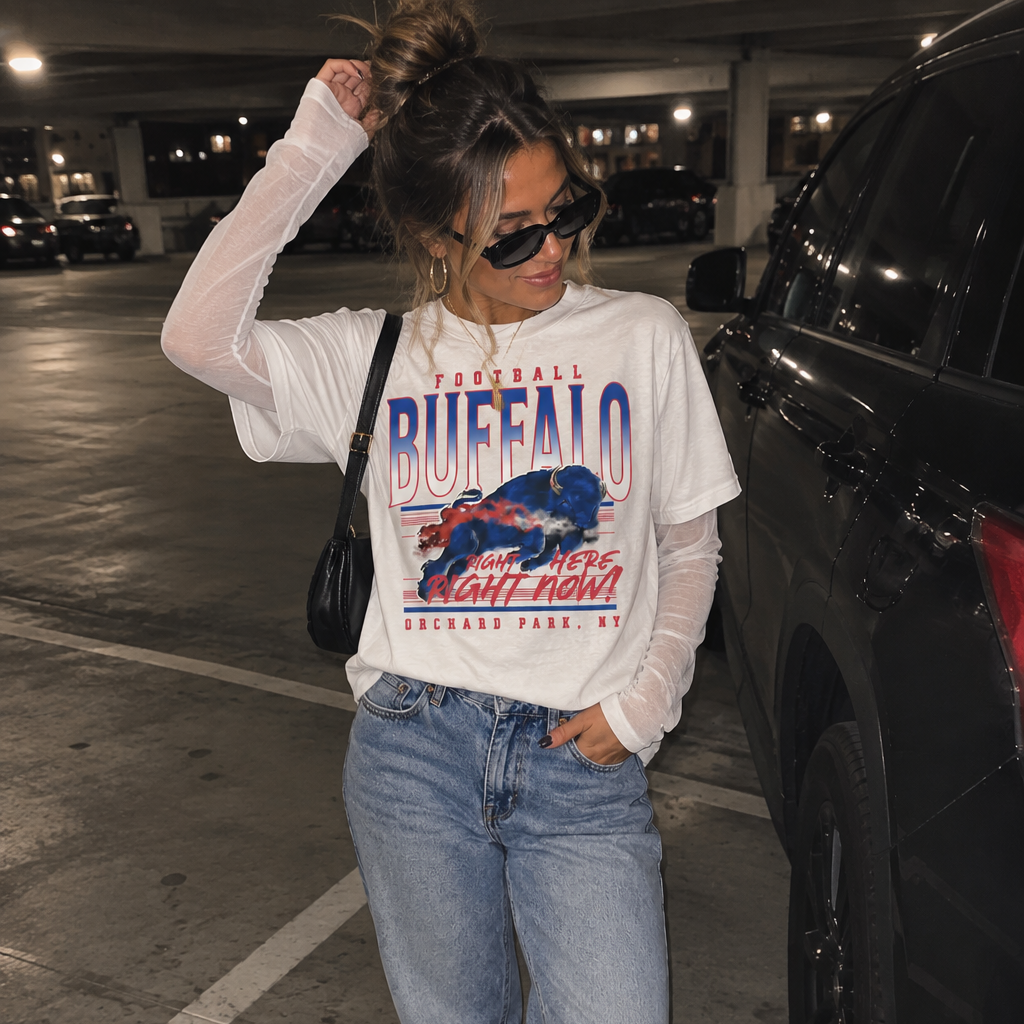 RIGHT HERE RIGHT NOW Buffalo Football Layered Shirt with Sheer Sleeves