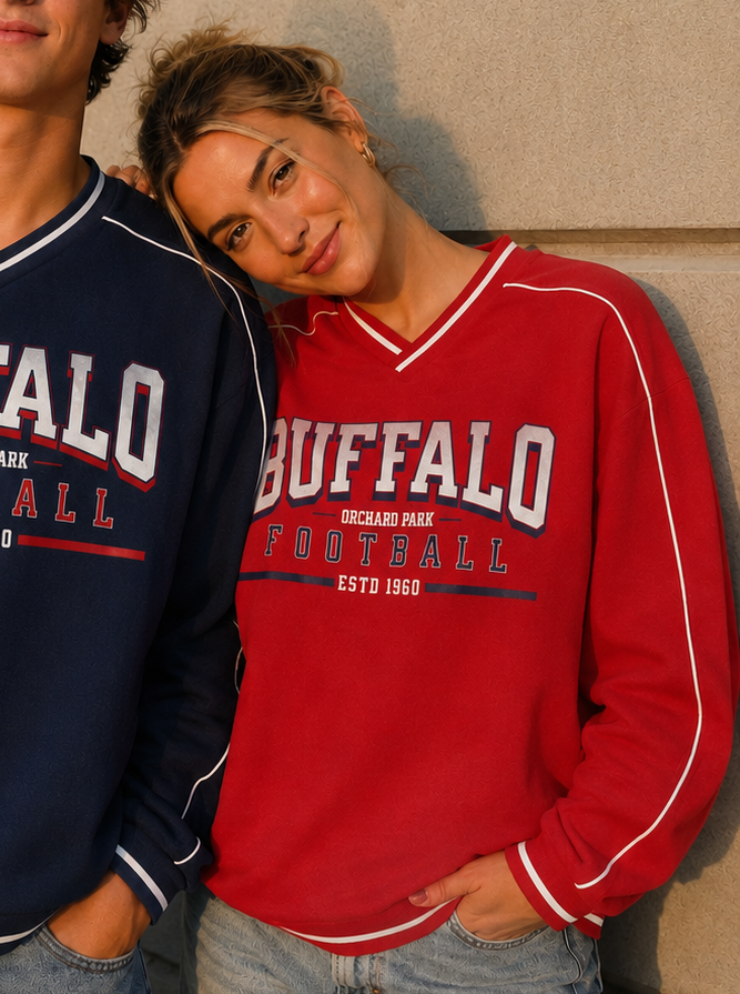 Retro V Neck Piped Buffalo Sweatshirt RED