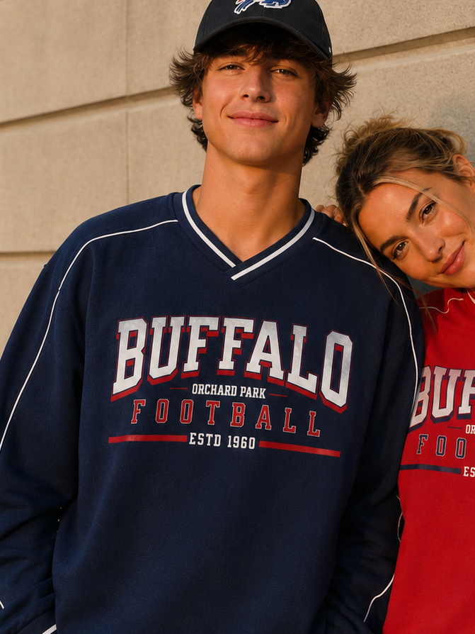 Retro V Neck Piped Buffalo Sweatshirt NAVY