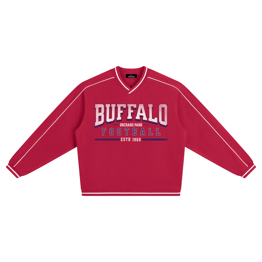 Retro V Neck Piped Buffalo Sweatshirt RED