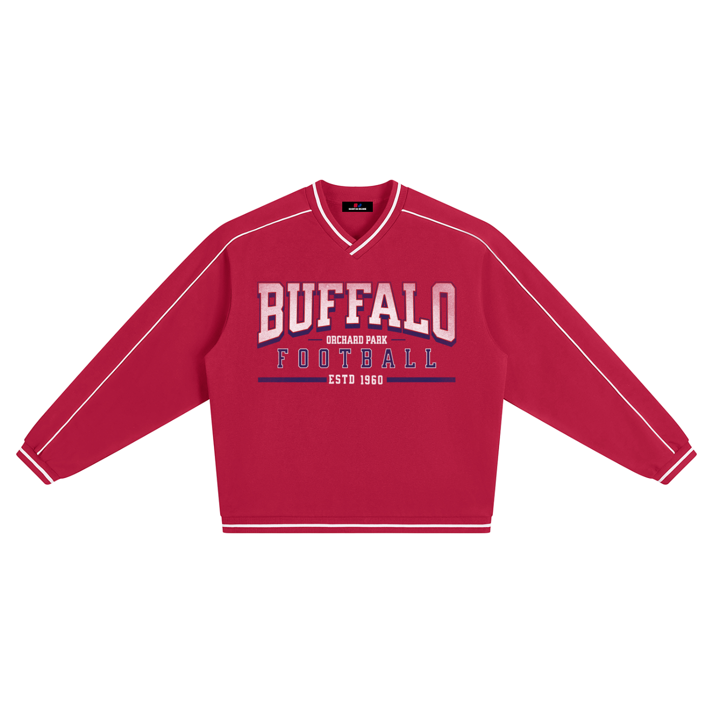 Retro V Neck Piped Buffalo Sweatshirt RED